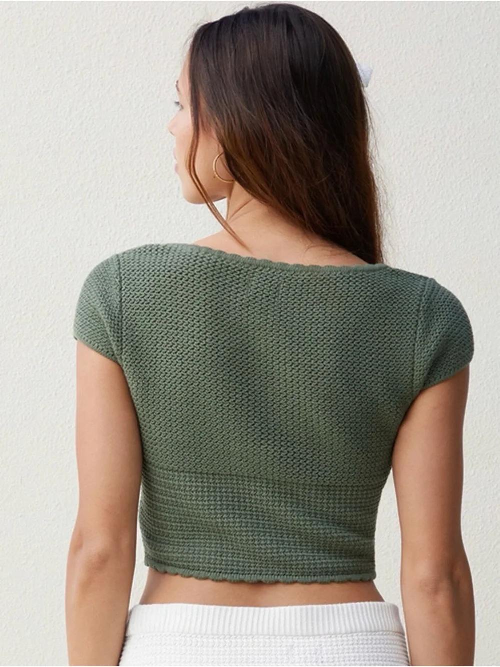 Anthropologie 100% cotton crochet scoop crop top sweater knit Sz XS green jade